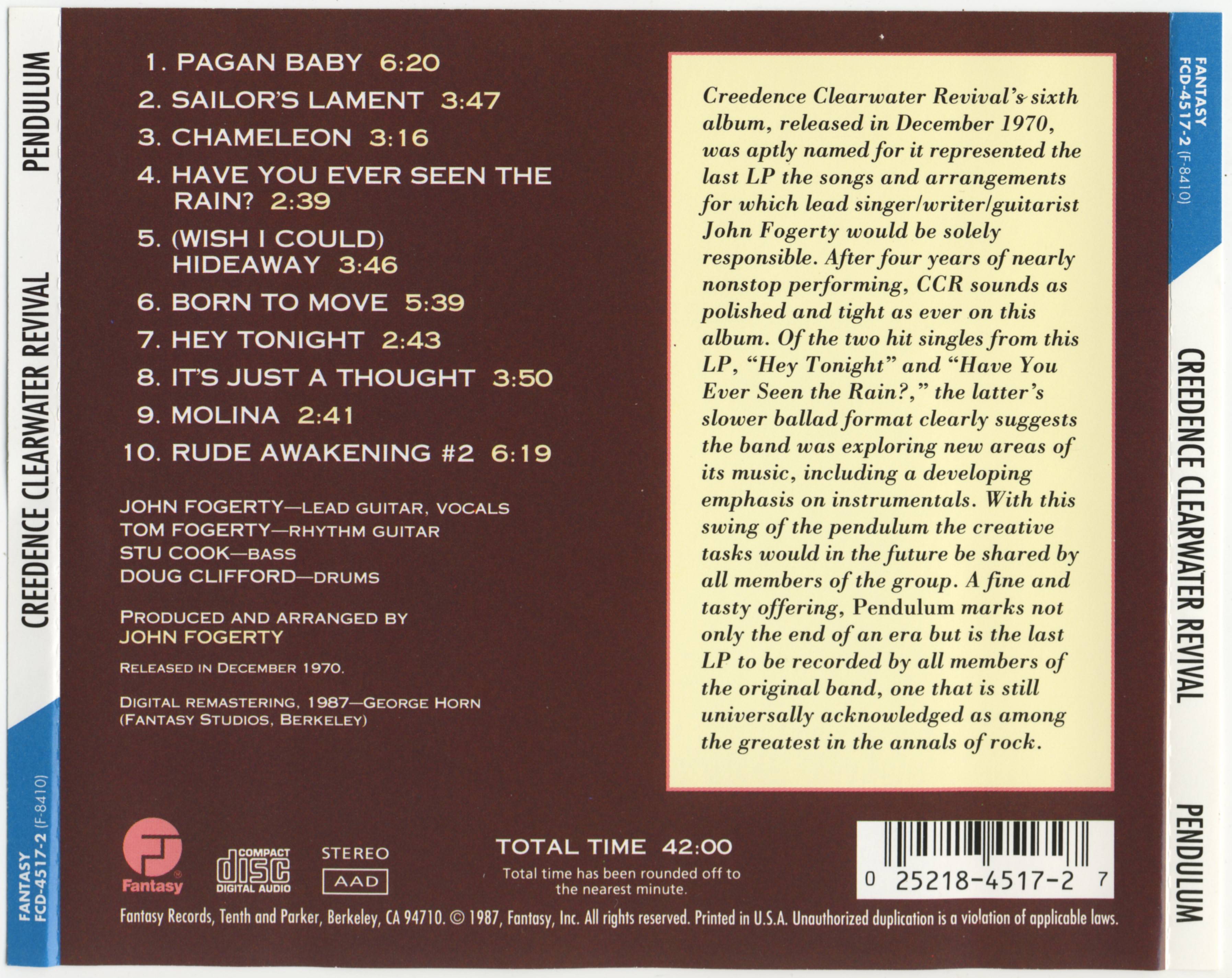 Creedence Clearwater Revival Pendulum : Back US